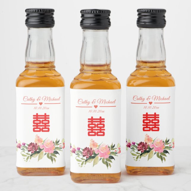 Aquarellfarbene Blume doppeltes Glück chinesische  Alkoholflaschenetikett (Flaschen)