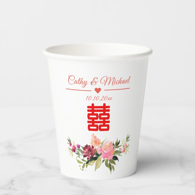 Aquarellfarbene Blume doppeltes Glück chinesische  Pappbecher (Rückseite)