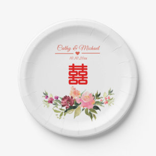 Aquarellfarbene Blume doppeltes Glück chinesische Pappteller