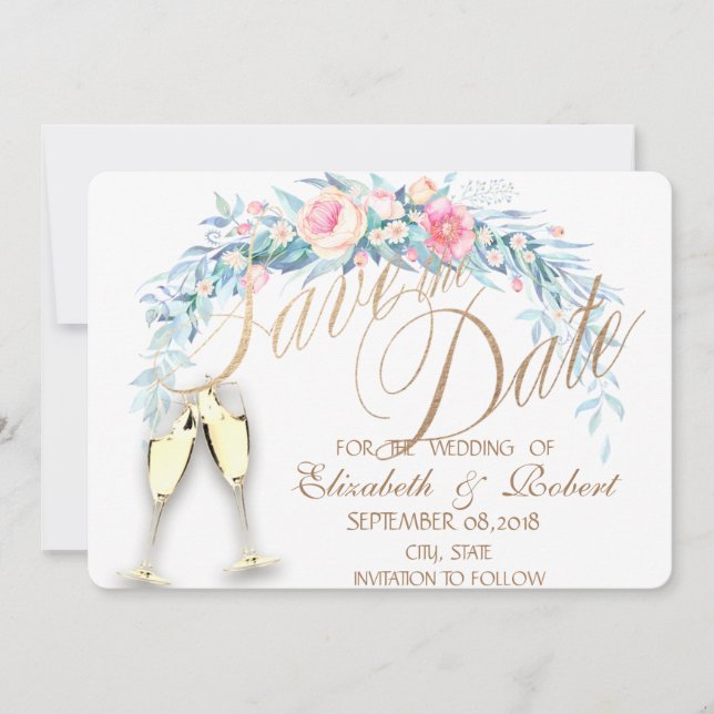 Aquarellfarbene Blume, Dots Weingläser Save the Da Date (Vorderseite)