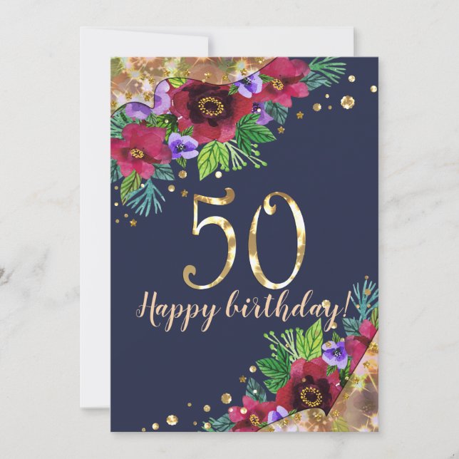 Aquarellfarbene Blume dunkelgoldfarbener Polka Einladung (Vorderseite)