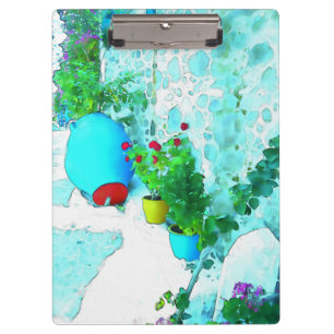 Aquarellfarbene Blume in bunten Töpfen Klemmbrett