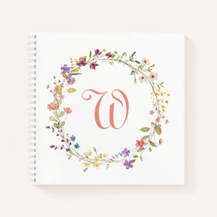 Aquarellfarbene Blume Kränze-Rahmen-Monogramm Notizbuch