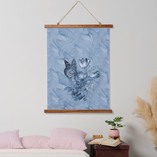 Aquarellfarbene Blume mit besichtigten Schmetterli Wandteppich Mit Holzrahmen (Schlafzimmer)