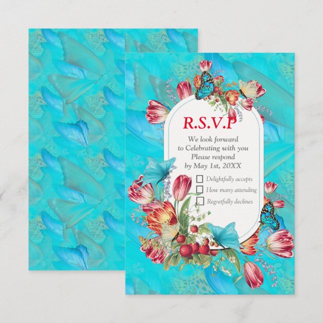 Aquarellfarbene Blume mit Besuch von Schmetterling RSVP Karte (Vorne/Hinten)