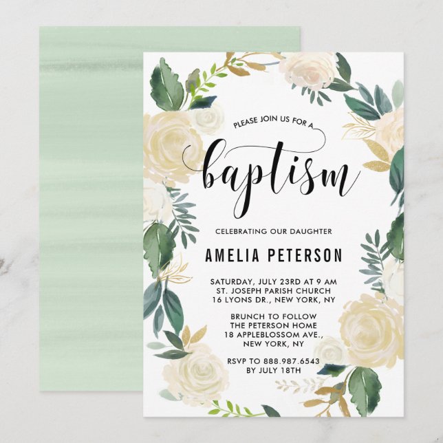 Aquarellfarbene Blume mit Goldtaufe des Glitzer Einladung (Vorne/Hinten)