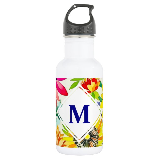 Aquarellfarbene Blume Mit Monogramm Edelstahlflasche (Vorderseite)