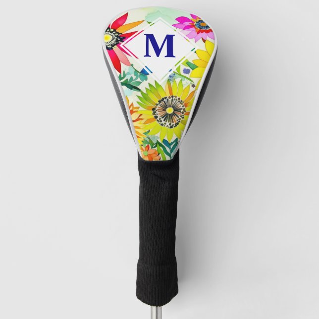 Aquarellfarbene Blume Mit Monogramm Golf Headcover (Vorderseite)