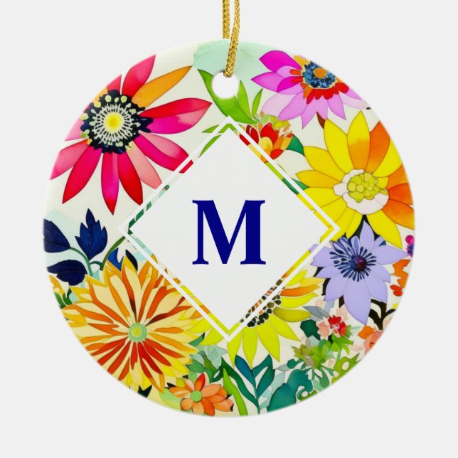 Aquarellfarbene Blume Mit Monogramm Keramik Ornament (Vorne)