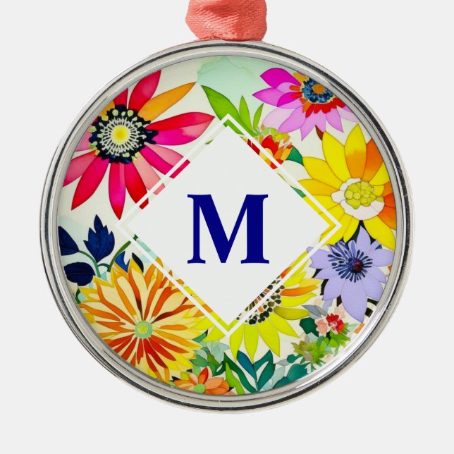 Aquarellfarbene Blume Mit Monogramm Ornament Aus Metall (Vorne)