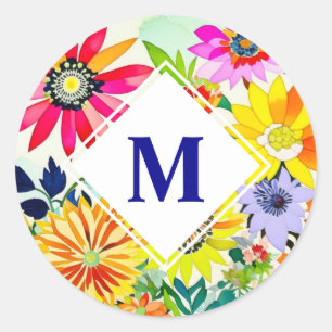 Aquarellfarbene Blume Mit Monogramm Runder Aufkleber