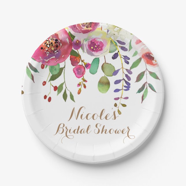 Aquarellfarbene Blume Moderne farbenfrohe Hochzeit Pappteller (Vorderseite)