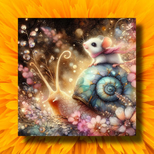 Aquarellfarbene Blume Niedliche Maus auf Schnecken Feiertagskarte