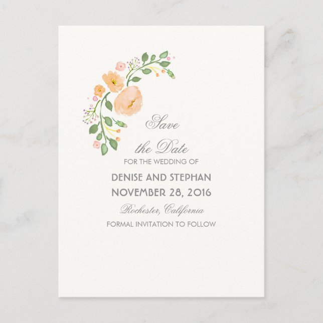 Aquarellfarbene Blume Romantische Save the Date Ankündigungspostkarte (Vorderseite)