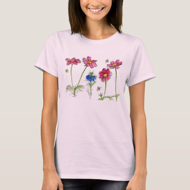 Aquarellfarbene Blume Rosa Cosmos Honey Bees T-Shirt (Vorderseite)