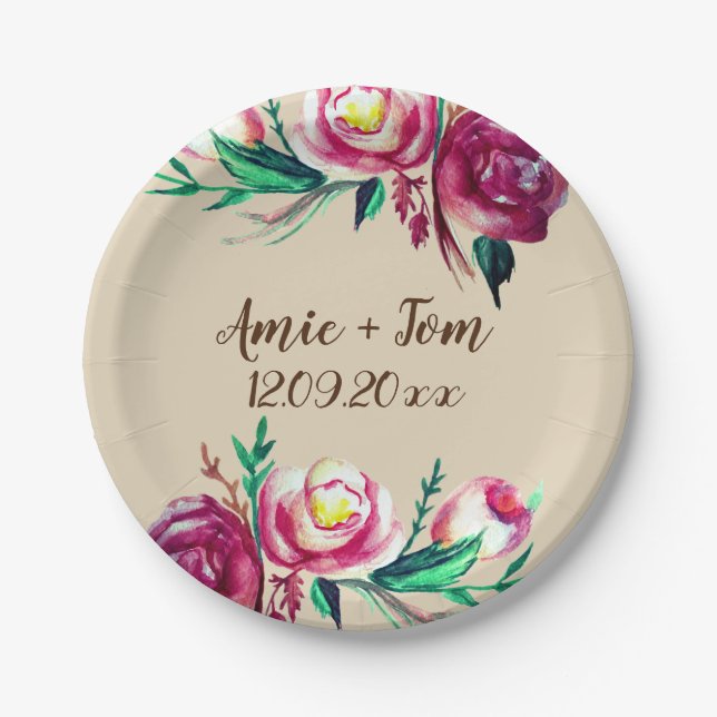 Aquarellfarbene Blume, Save the Date Papierplatte Pappteller (Vorderseite)