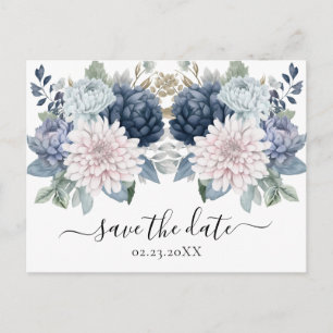 Aquarellfarbene Blume Save the Date staubblau Postkarte