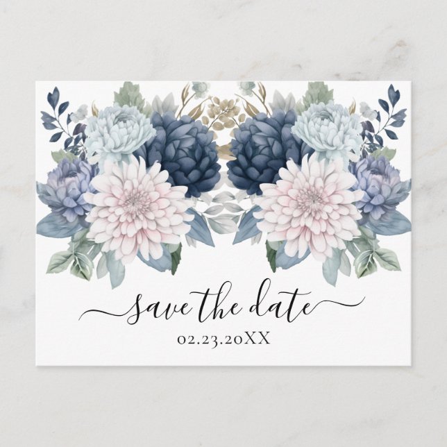 Aquarellfarbene Blume Save the Date staubblau Postkarte (Vorderseite)