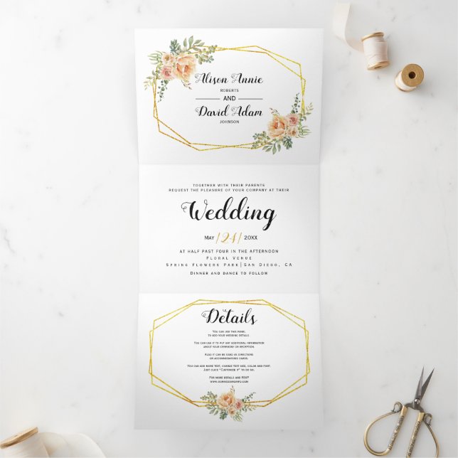 Aquarellfarbene Blume, Typografie Blumenhochzeit Dreifach Gefaltete Einladung (Innenseite)