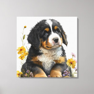 Aquarellfarbene Blume und Berner Welpe Leinwanddruck
