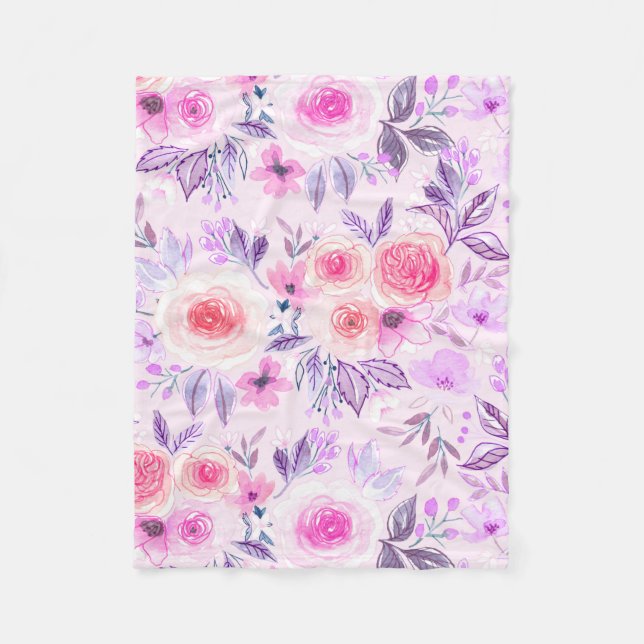 Aquarellfarbene Blume und Blätter 3 Fleecedecke (Vorderseite)