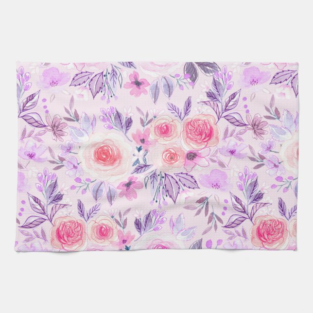 Aquarellfarbene Blume und Blätter 3 Geschirrtuch (Horizontal)