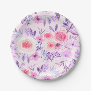 Aquarellfarbene Blume und Blätter 3 Pappteller