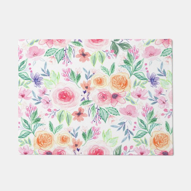 Aquarellfarbene Blume und Blätter Fußmatte (Vorderseite)