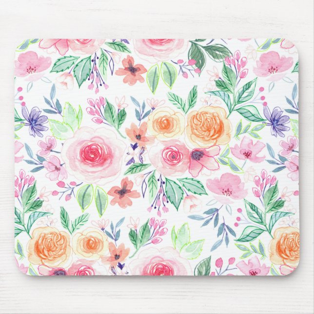 Aquarellfarbene Blume und Blätter Mousepad (Vorne)