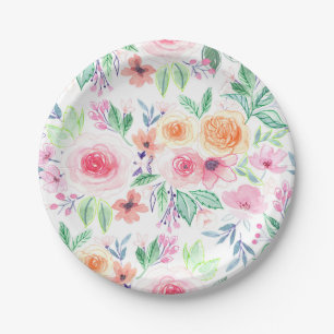 Aquarellfarbene Blume und Blätter Pappteller