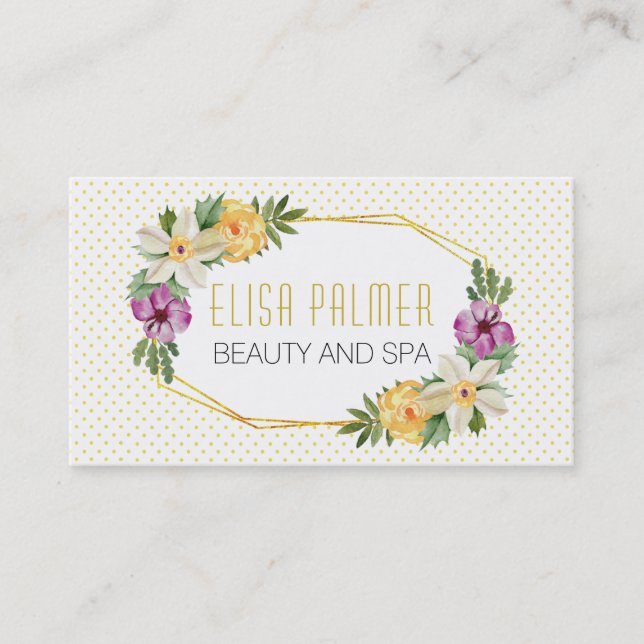 Aquarellfarbene Blume und Goldpolygon Visitenkarte (Vorderseite)