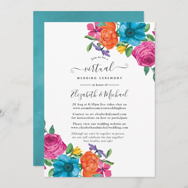 Aquarellfarbene Blumenfiesta Online Virtual Weddin Einladung (Vorne/Hinten)