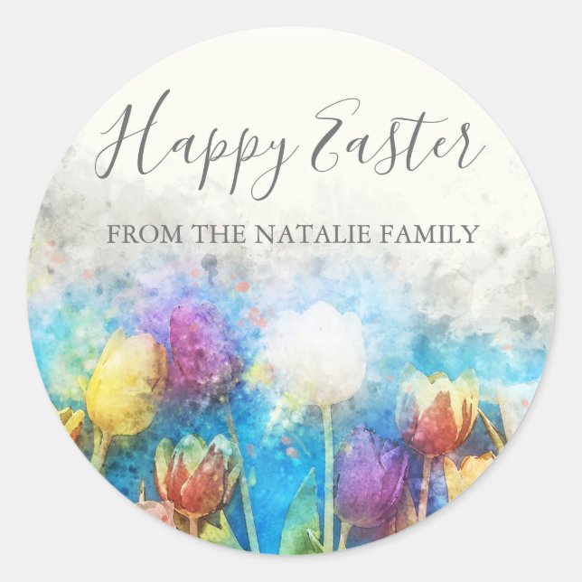 Aquarellfarbene Blumengärten Frohes Ostern Runder Aufkleber (Vorderseite)