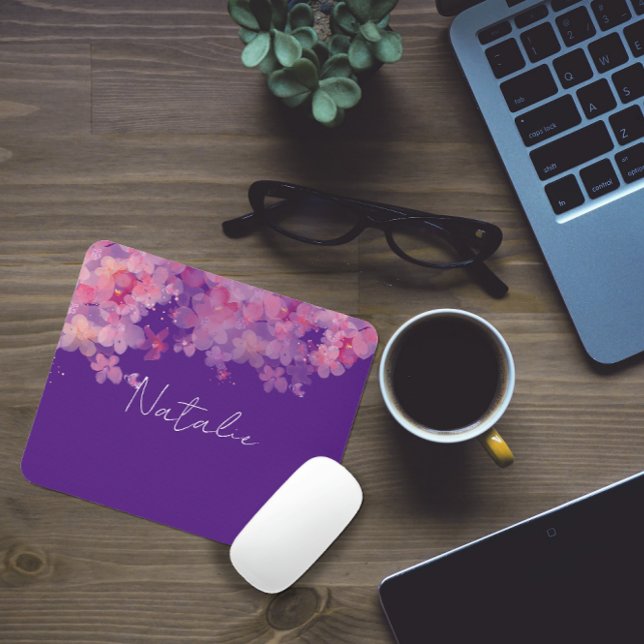 Aquarellfarbene Blumenkoralle lila Name Maus-Pad Mousepad (Von Creator hochgeladen)