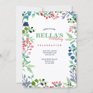 Aquarellfarbene Blumenrahmen Geburtstagseinladung Einladung