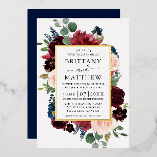 Aquarellfarbene Blumenrahmen Hochzeit Blau Gold Folieneinladung