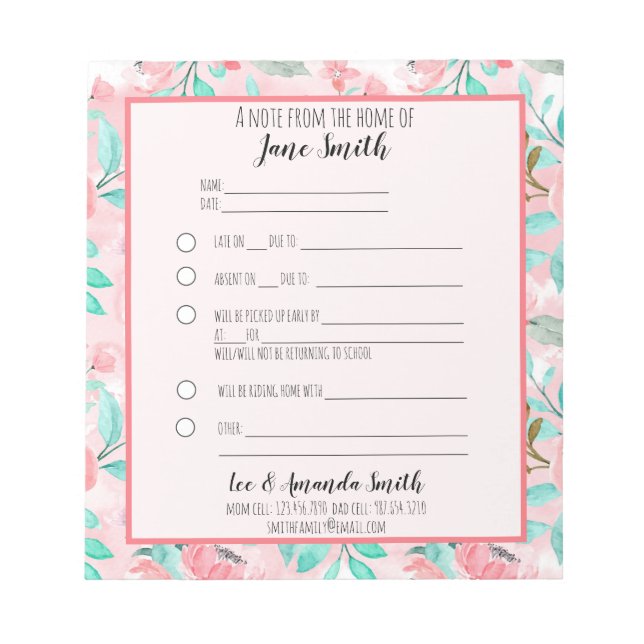 Aquarellfarbene Blumenschule Hinweis 1 Kind Notizblock (Vorderseite)