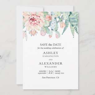Aquarellfarbene Blumensukkulente. Grüne und blaue Save The Date