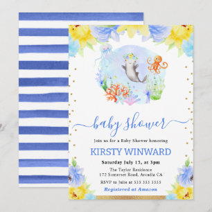 Aquarellfarbene Blütendusche für Unterwassertiere Einladung