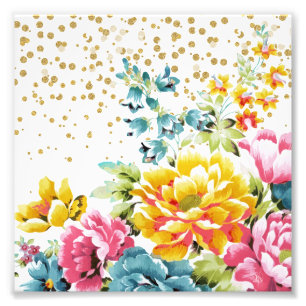 Aquarellfarbene Blütenfarbe und goldene Konfetti- Fotodruck