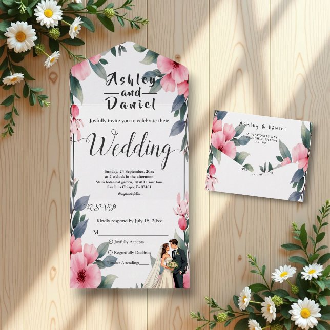 Aquarellfarbene Blütenrahmenbräune und Hochzeitsfe All In One Einladung (Von Creator hochgeladen)