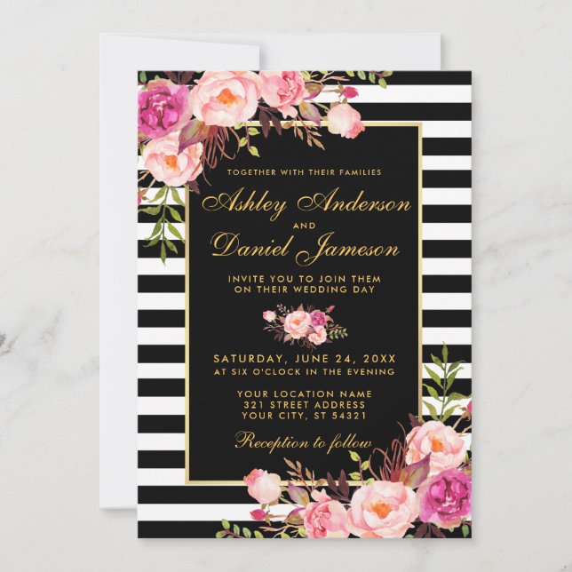 Aquarellfarbene Blütenrosa Blush Gold Black Weddin Einladung (Vorderseite)