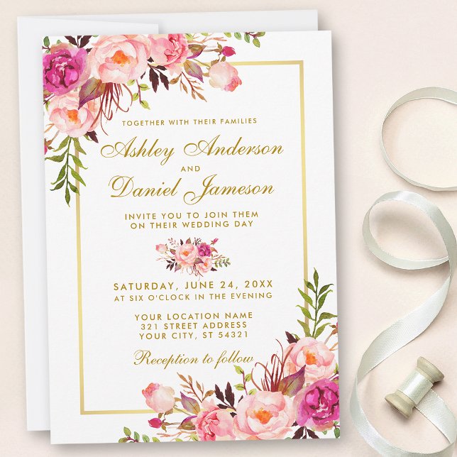 Aquarellfarbene Blütenrosa Blush Gold Hochzeit Einladung (Customize to change size, style or text color.)