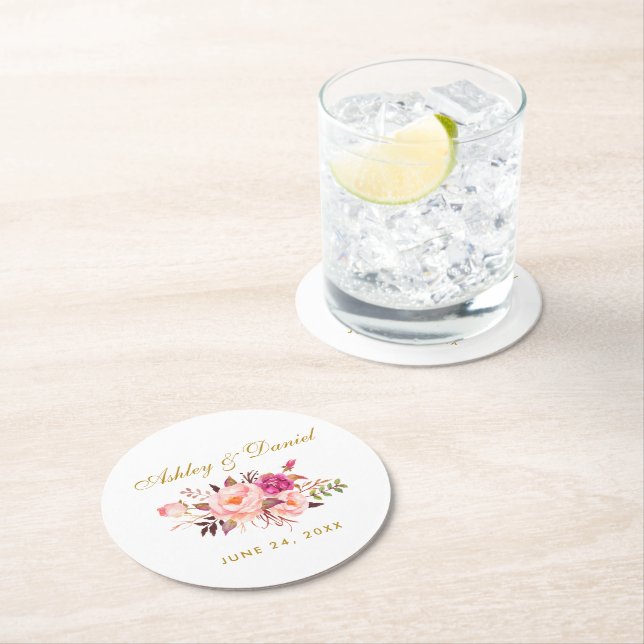 Aquarellfarbene Blütenrosa Blush Gold Hochzeit Runder Pappuntersetzer (Vor Ort)