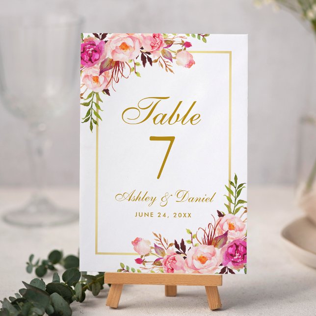 Aquarellfarbene Blütenrosa Blush Gold Hochzeit Tischnummer (Pink Floral and Gold Table Number Card.)