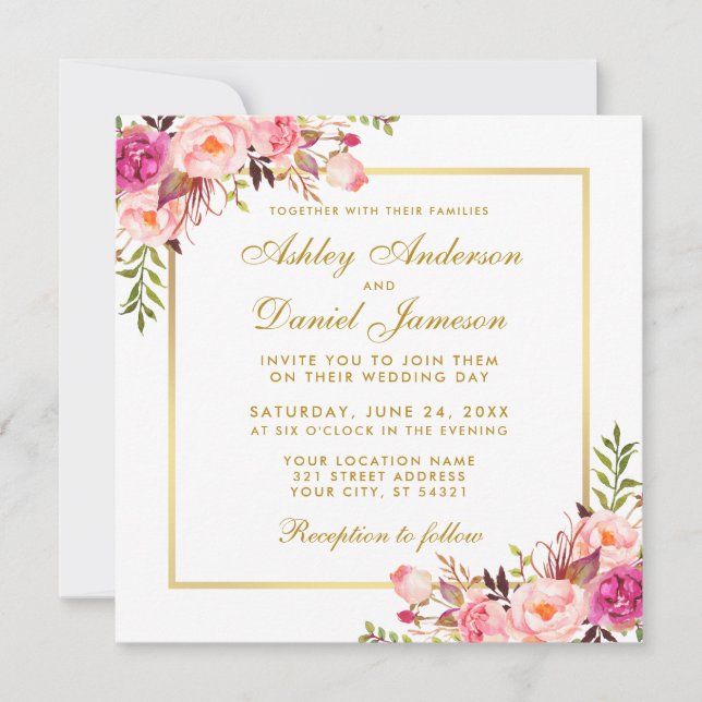 Aquarellfarbene Blütenrosa Blush Gold Wedding Card Einladung (Vorderseite)