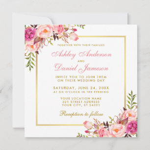 Aquarellfarbene Blütenrosa Blush Gold Wedding Card Einladung