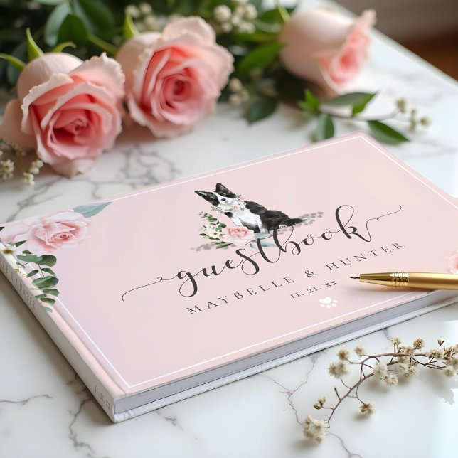 Aquarellfarbene Border Collie Dog & Floral Pink Ro Gästebuch (Watercolor Border Collie Dog & Floral Pink Rose Guest Book)