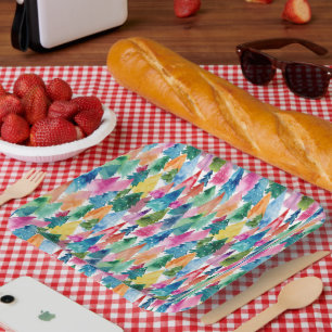 Aquarellfarbene bunte Regenbogen-Weihnachtsbäume Pappteller