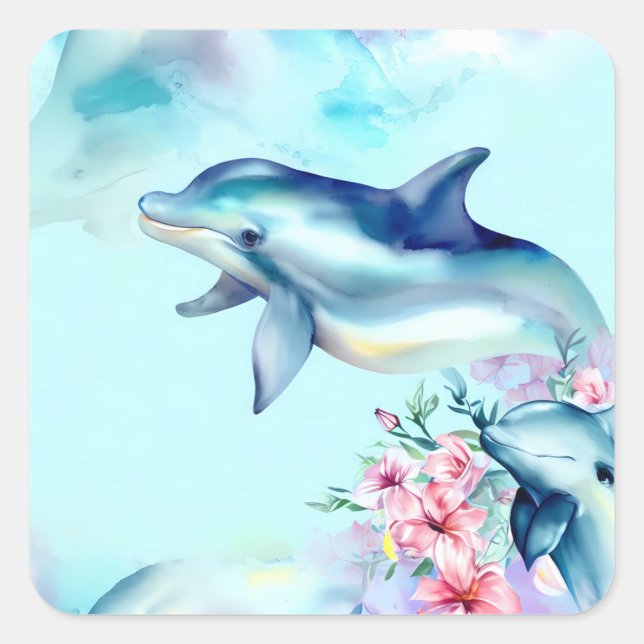 Aquarellfarbene Dolphin Quadratischer Aufkleber (Vorderseite)